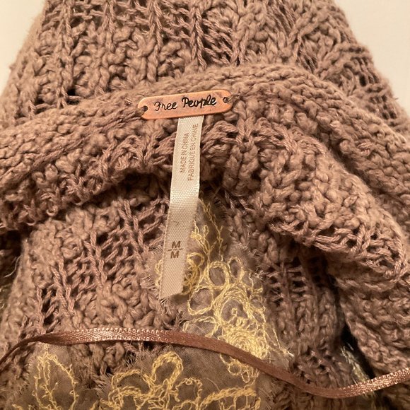Free People Sweater M Brown Yellow Taupe Applique Long Sleeve Semi-Open Eave NWT - Picture 11 of 11